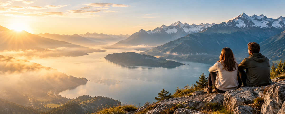 Two people overlooking a mountain lake at sunrise